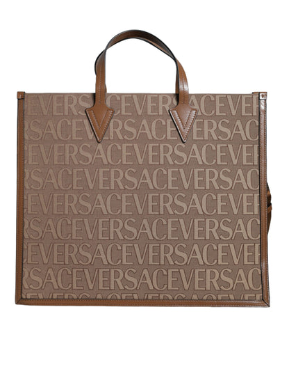 Versace Brown Top Handle Jacquard Leather Logo Crossbody Tote Bag - Walk-In Closet