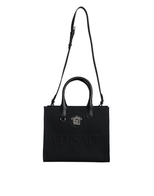 Versace Black Top Handle Canvas Leather Logo Crossbody Tote Bag - Walk-In Closet