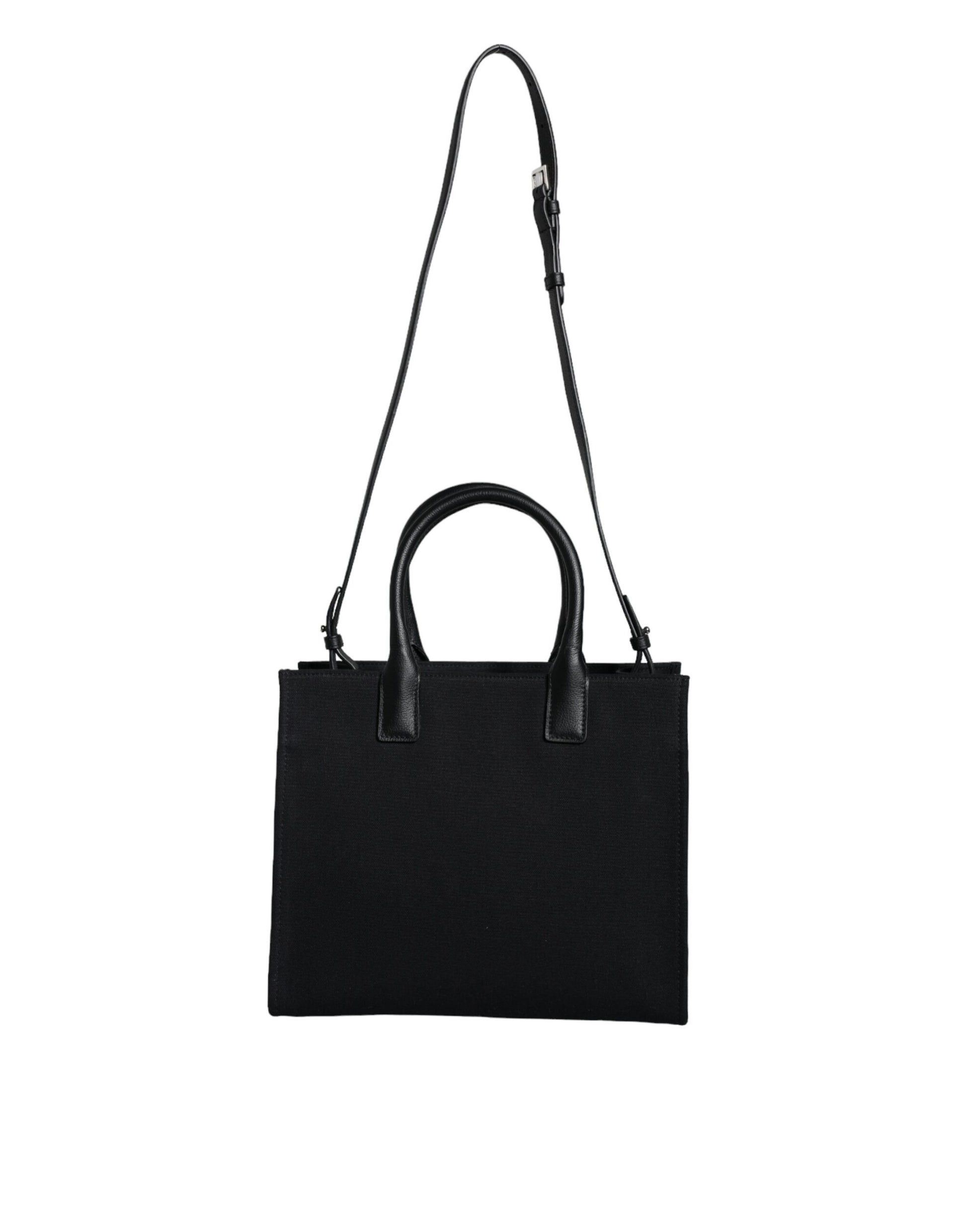 Versace Black Top Handle Canvas Leather Logo Crossbody Tote Bag - Walk-In Closet