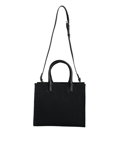 Versace Black Top Handle Canvas Leather Logo Crossbody Tote Bag - Walk-In Closet