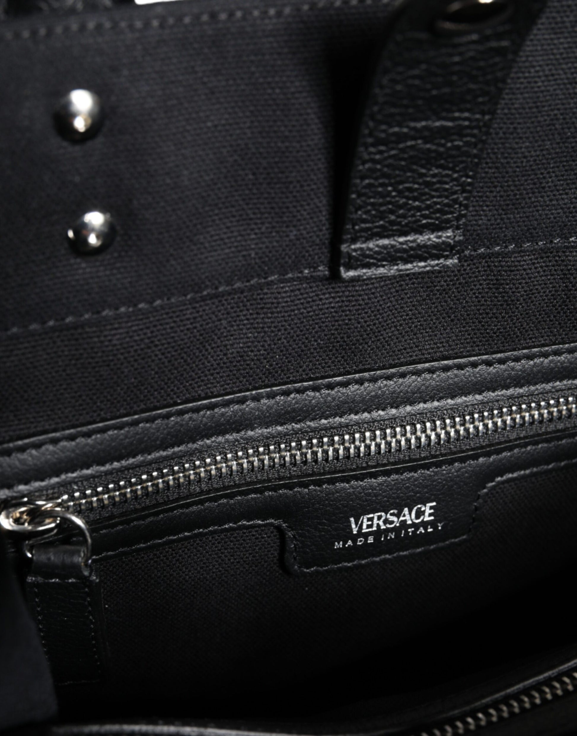 Versace Black Top Handle Canvas Leather Logo Crossbody Tote Bag - Walk-In Closet