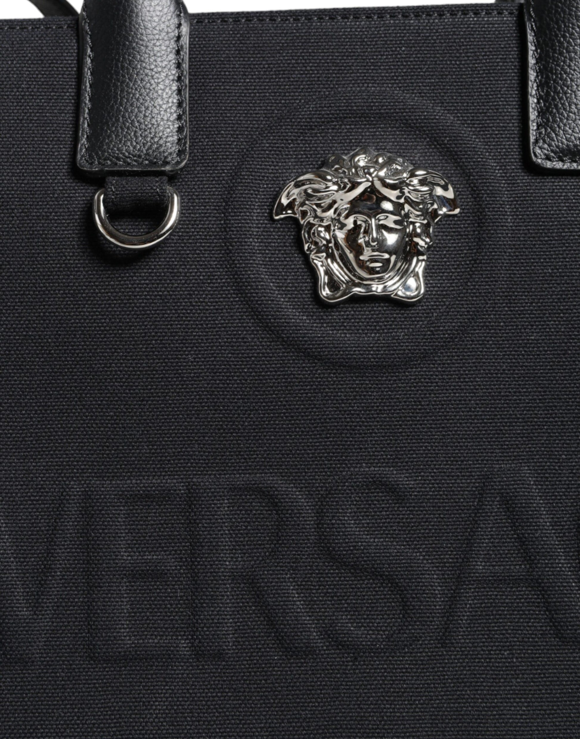 Versace Black Top Handle Canvas Leather Logo Crossbody Tote Bag - Walk-In Closet