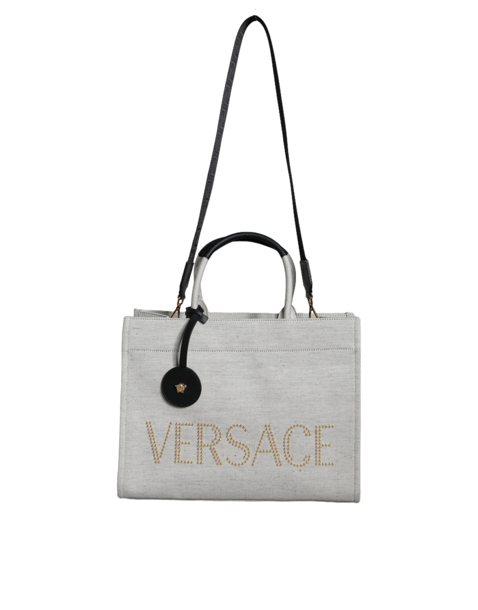 Versace White Top Handle Canvas Leather Logo Crossbody Tote Bag - Walk-In Closet