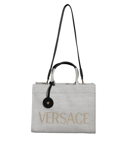 Versace White Top Handle Canvas Leather Logo Crossbody Tote Bag - Walk-In Closet