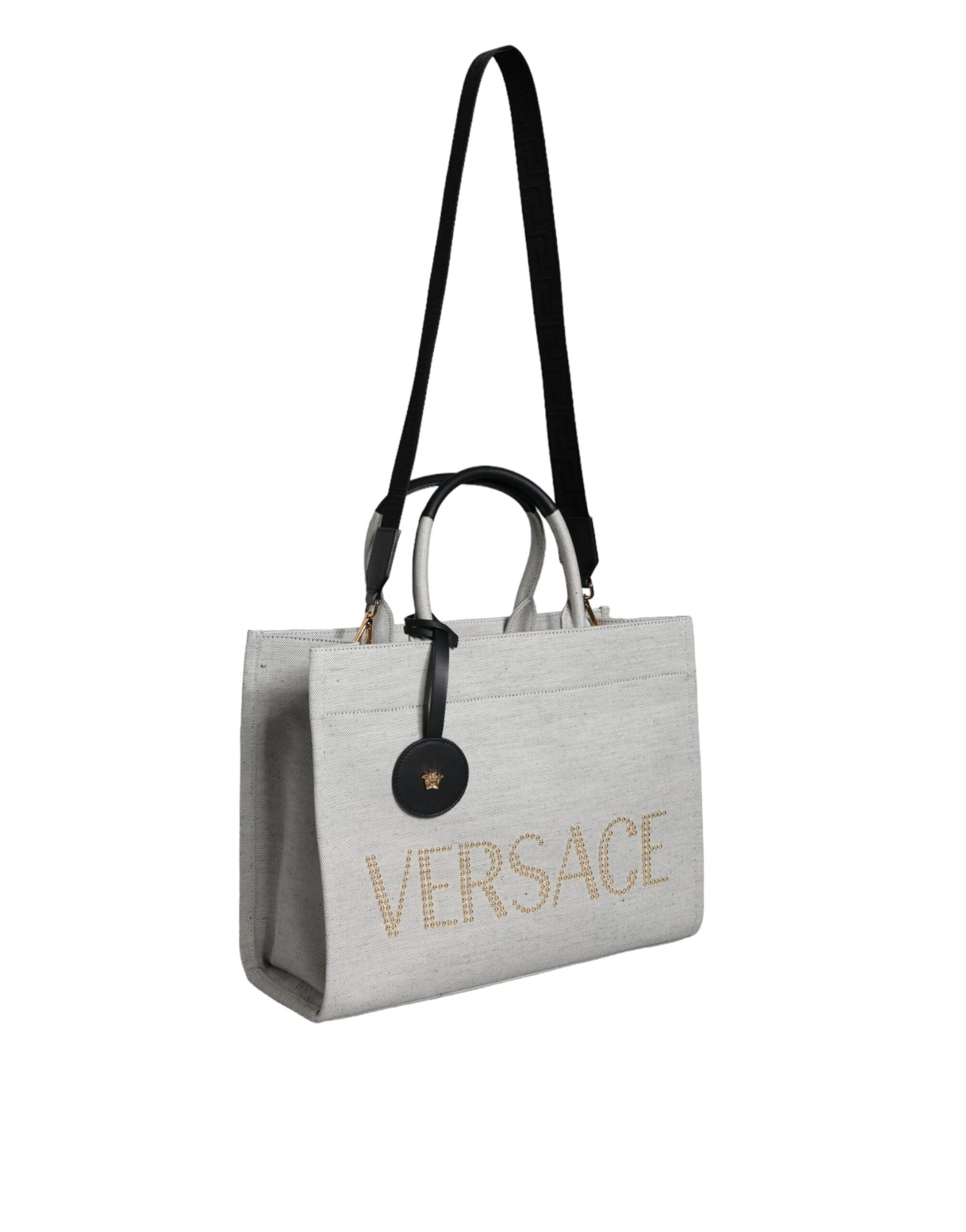 Versace White Top Handle Canvas Leather Logo Crossbody Tote Bag - Walk-In Closet