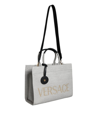 Versace White Top Handle Canvas Leather Logo Crossbody Tote Bag - Walk-In Closet
