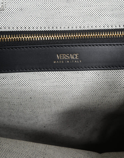 Versace White Top Handle Canvas Leather Logo Crossbody Tote Bag - Walk-In Closet