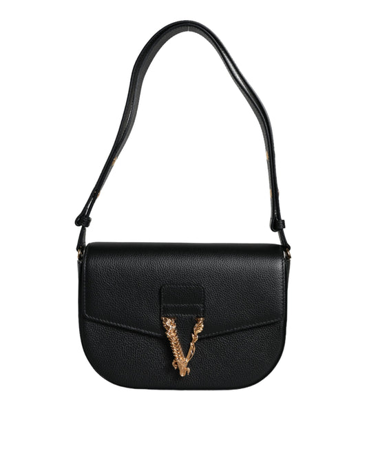 Versace Black Grainy Calf Leather Logo Crossbody Shoulder Bag - Walk-In Closet
