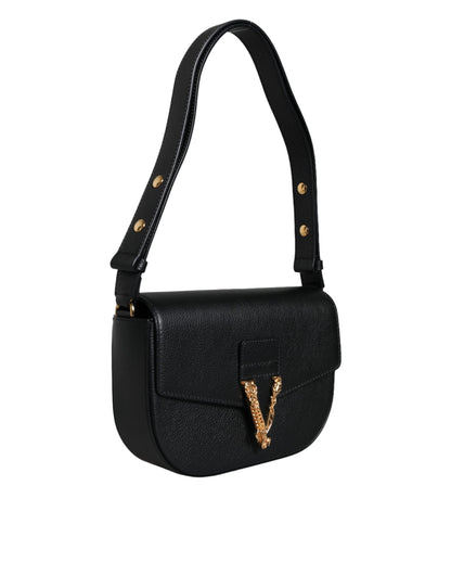 Versace Black Grainy Calf Leather Logo Crossbody Shoulder Bag - Walk-In Closet