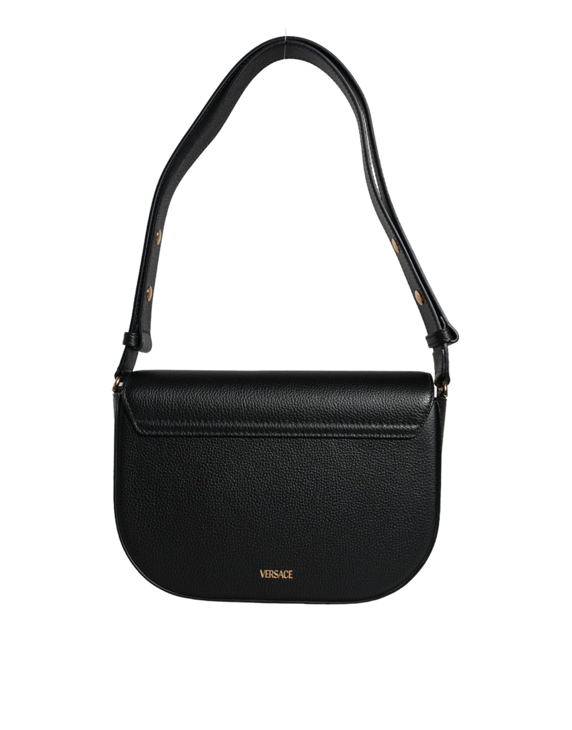 Versace Black Grainy Calf Leather Logo Crossbody Shoulder Bag - Walk-In Closet