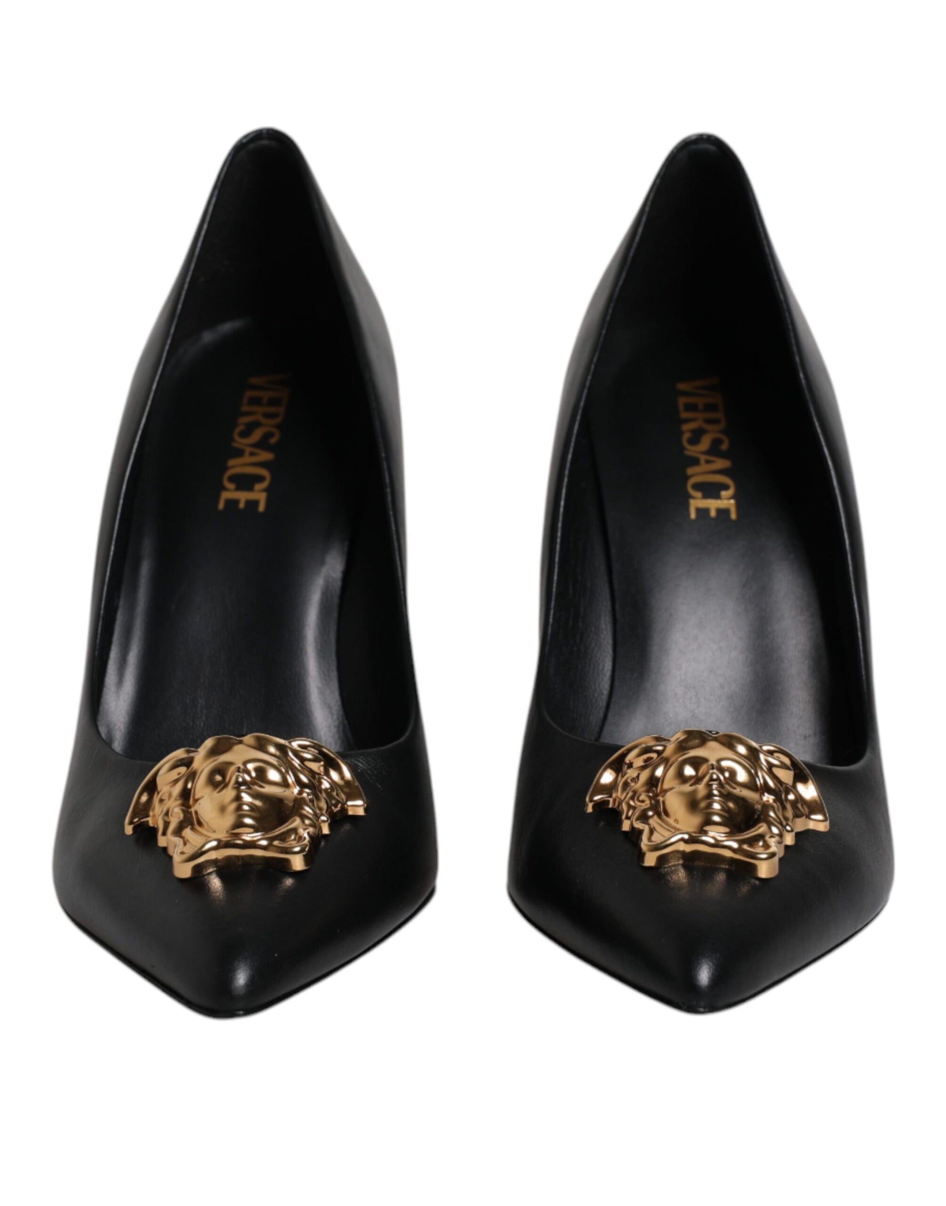 Versace Black Leather Logo Plaque High Heels Pumps Shoes - Walk-In Closet