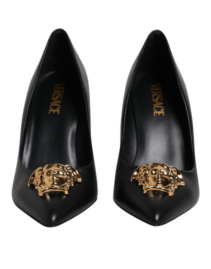 Versace Black Leather Logo Plaque High Heels Pumps Shoes - Walk-In Closet