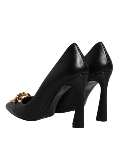 Versace Black Leather Logo Plaque High Heels Pumps Shoes - Walk-In Closet