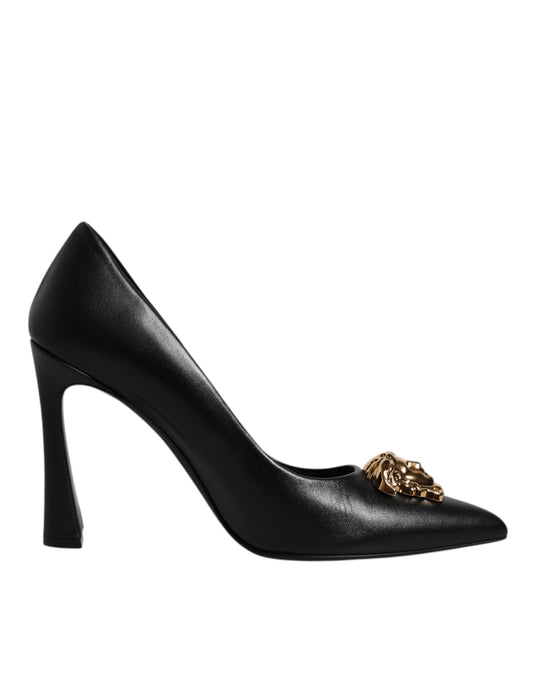 Versace Black Leather Logo Plaque High Heels Pumps Shoes - Walk-In Closet