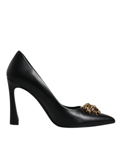 Versace Black Leather Logo Plaque High Heels Pumps Shoes - Walk-In Closet