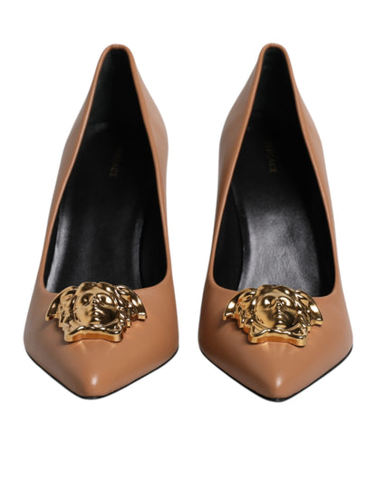Versace Brown Leather Logo Plaque High Heels Pumps Shoes - Walk-In Closet
