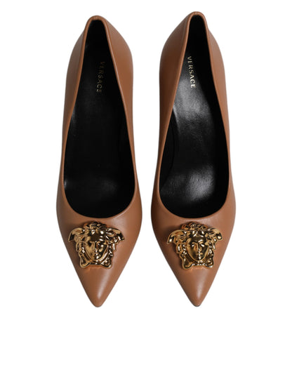 Versace Brown Leather Logo Plaque High Heels Pumps Shoes - Walk-In Closet